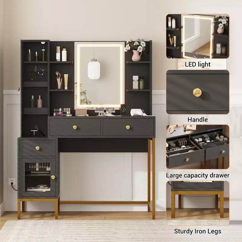 Schminktisch, Schminktisch mit 3 Beleuchtungsmodi und weich gepolstertem Hocker, Moderner Frisiertisch mit 3 Schubladen, Schrank und offenen Regalen