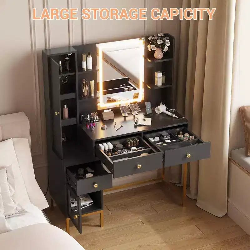 Schminktisch, Schminktisch mit 3 Beleuchtungsmodi und weich gepolstertem Hocker, Moderner Frisiertisch mit 3 Schubladen, Schrank und offenen Regalen