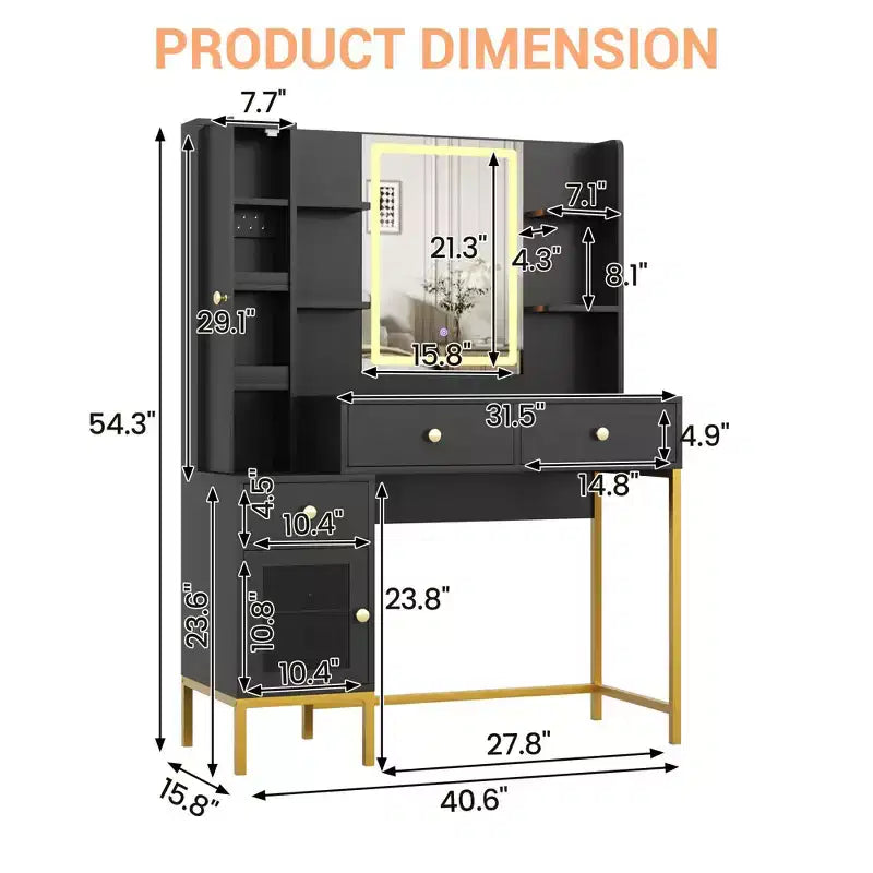 Schminktisch, Schminktisch mit 3 Beleuchtungsmodi und weich gepolstertem Hocker, Moderner Frisiertisch mit 3 Schubladen, Schrank und offenen Regalen