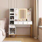 Schminktisch, Schminktisch mit 3 Beleuchtungsmodi und weich gepolstertem Hocker, Moderner Frisiertisch mit 3 Schubladen, Schrank und offenen Regalen