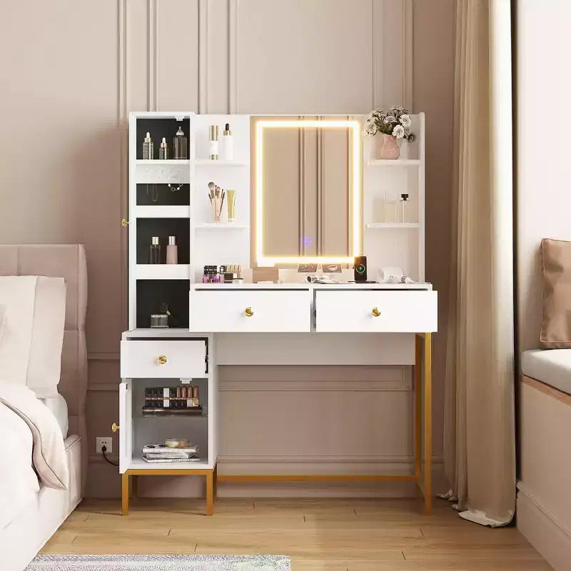 Schminktisch, Schminktisch mit 3 Beleuchtungsmodi und weich gepolstertem Hocker, Moderner Frisiertisch mit 3 Schubladen, Schrank und offenen Regalen