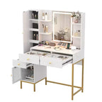 Schminktisch, Schminktisch mit 3 Beleuchtungsmodi und weich gepolstertem Hocker, Moderner Frisiertisch mit 3 Schubladen, Schrank und offenen Regalen