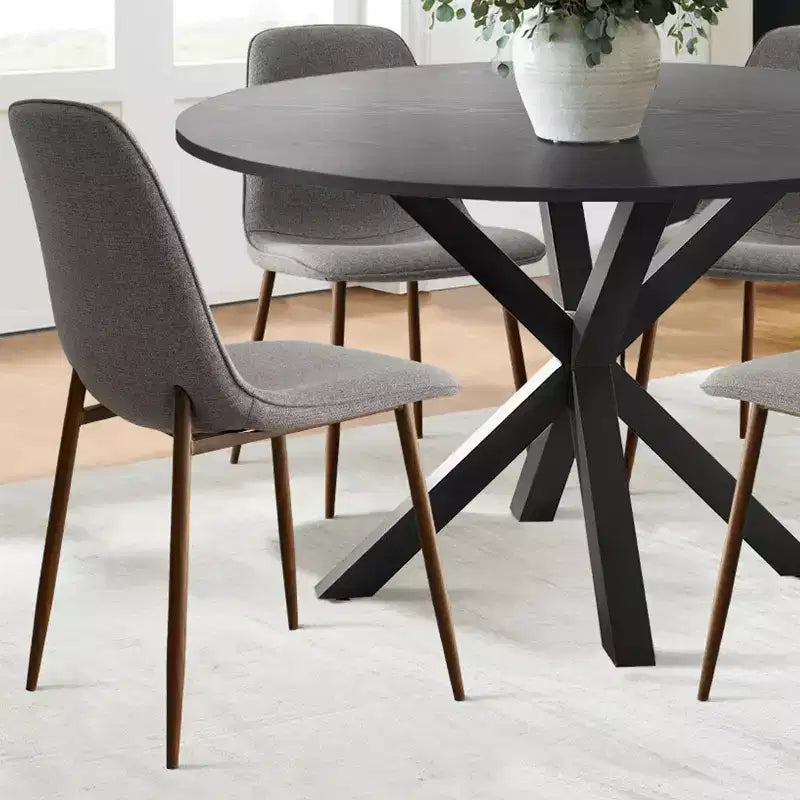 5-teiliges Esszimmer-Set für 4 Personen Runder Esstisch mit gekreuzten Metallbeinen und gepolsterten Stühlen in Eichenholzmaserung für Küche und Esszimmer - Panipeachy