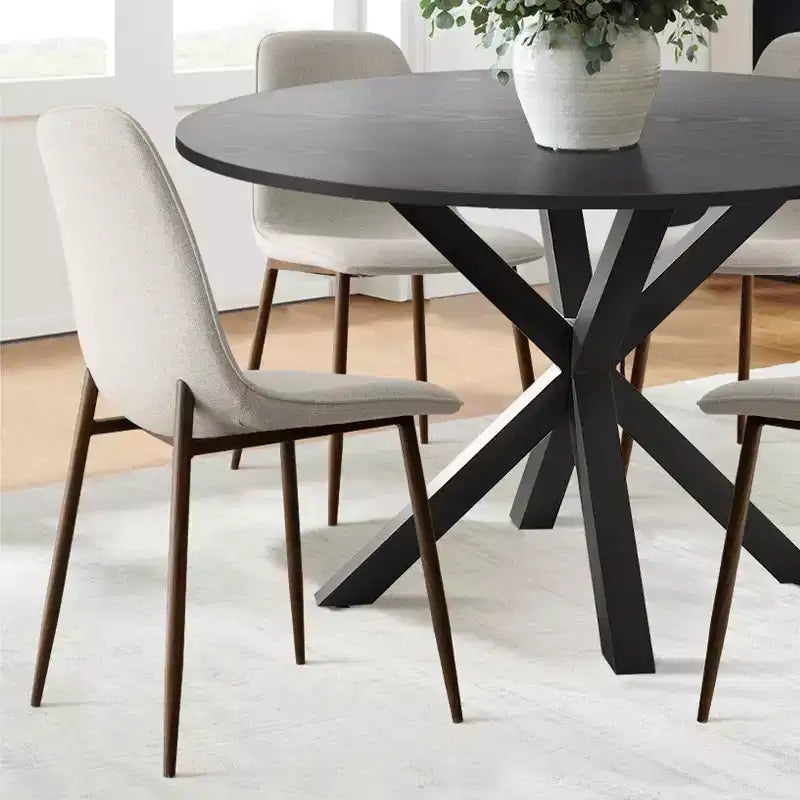 5-teiliges Esszimmer-Set für 4 Personen Runder Esstisch mit gekreuzten Metallbeinen und gepolsterten Stühlen in Eichenholzmaserung für Küche und Esszimmer - Panipeachy