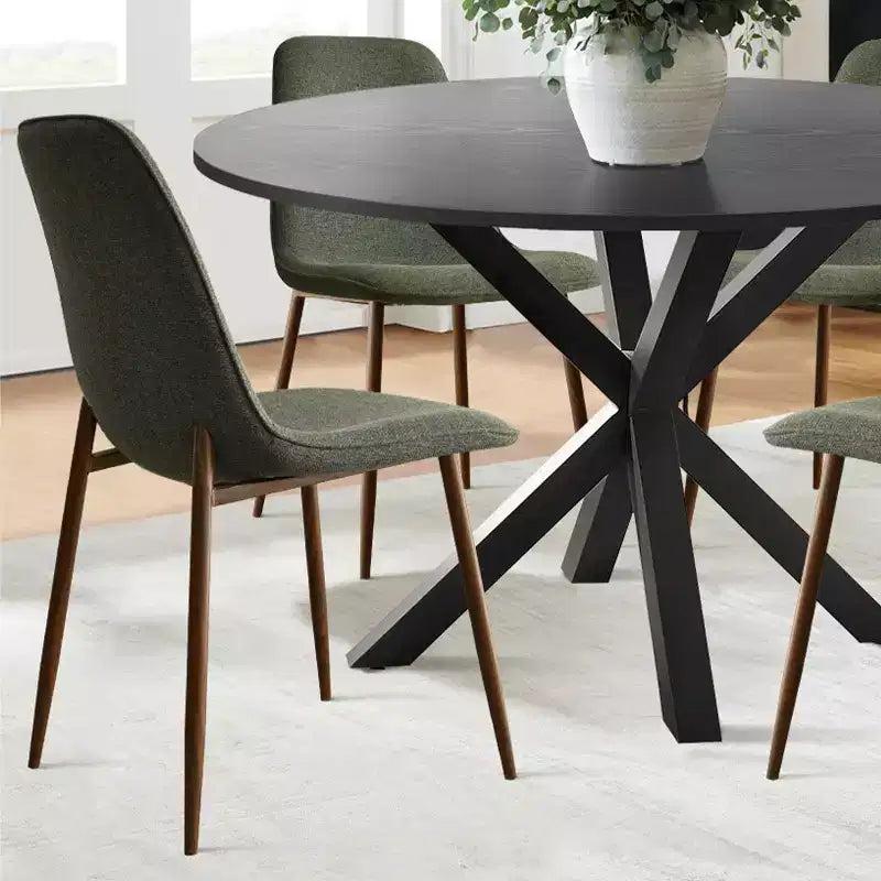 5-teiliges Esszimmer-Set für 4 Personen Runder Esstisch mit gekreuzten Metallbeinen und gepolsterten Stühlen in Eichenholzmaserung für Küche und Esszimmer - Panipeachy