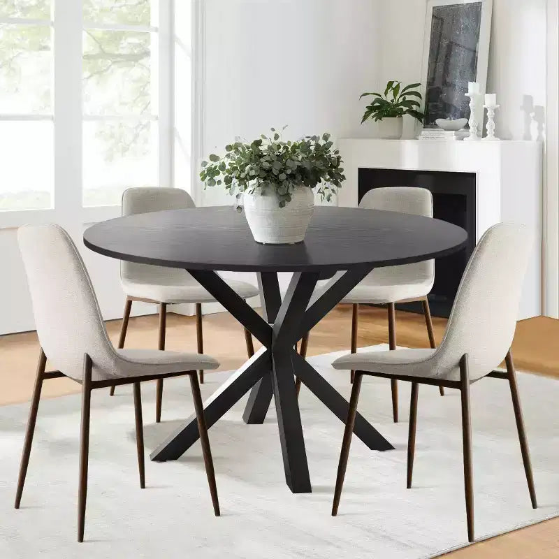 5 Pcs Dining Set for 4 Round Dining Table with Crossed Metal Legs and Oak Grain Upholstered Chairs for Kitchen and Dining Room - Panipeachy