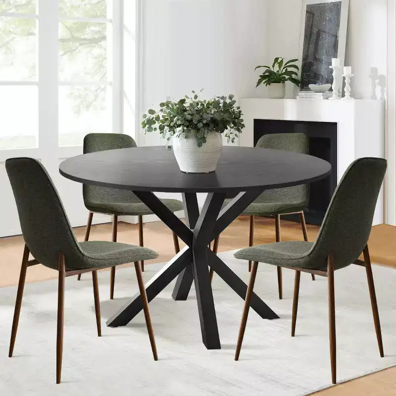 5-teiliges Esszimmer-Set für 4 Personen Runder Esstisch mit gekreuzten Metallbeinen und gepolsterten Stühlen in Eichenholzmaserung für Küche und Esszimmer - Panipeachy