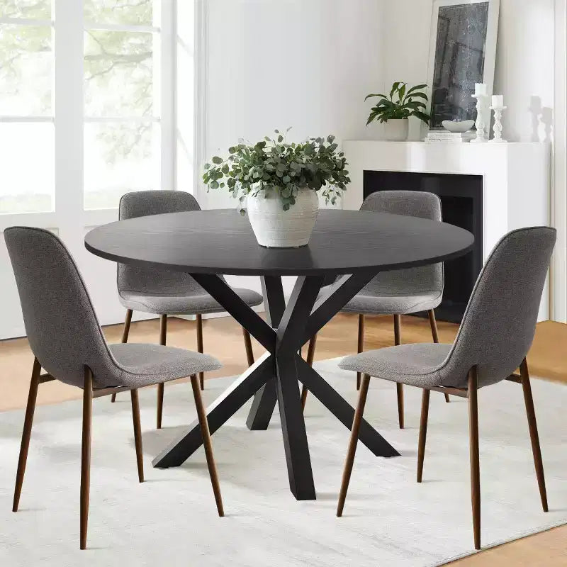 5-teiliges Esszimmer-Set für 4 Personen Runder Esstisch mit gekreuzten Metallbeinen und gepolsterten Stühlen in Eichenholzmaserung für Küche und Esszimmer - Panipeachy