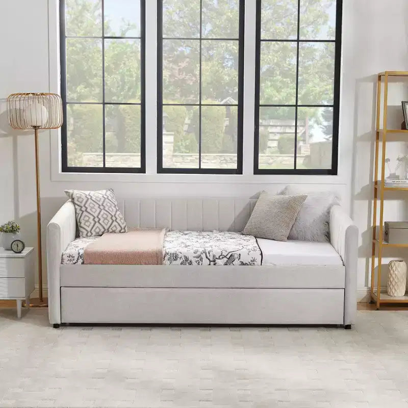 GDFStudio Scarlett Upholstered Daybed with Trundle, Vertical Stripe Backrest Sofa Bed