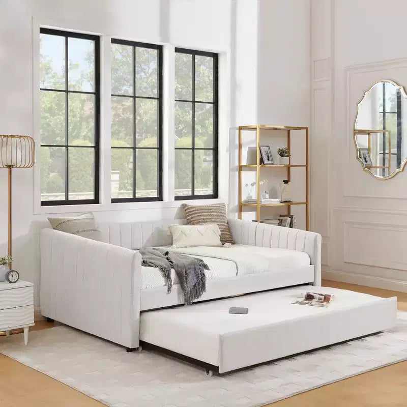GDFStudio Scarlett Polsterliege mit Ausziehbett, Schlafsofa mit vertikal gestreifter Rückenlehne