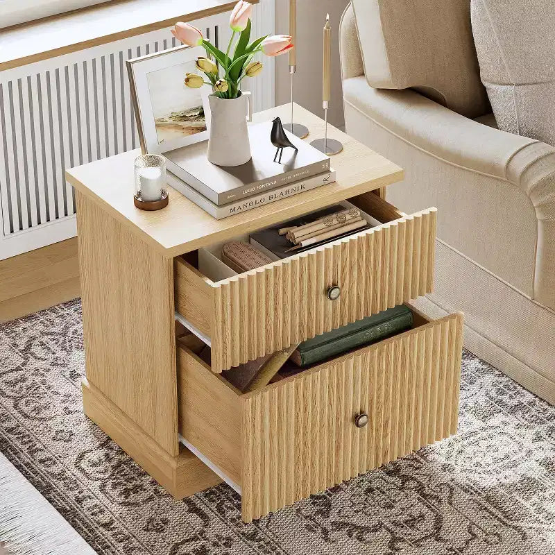 Nachttisch mit gerillter Schublade, Nachttisch im Mid-Century Modern Stil mit geschwungenem Fuß, platzsparende Aufbewahrung für Schlafzimmer & Wohnzimmer