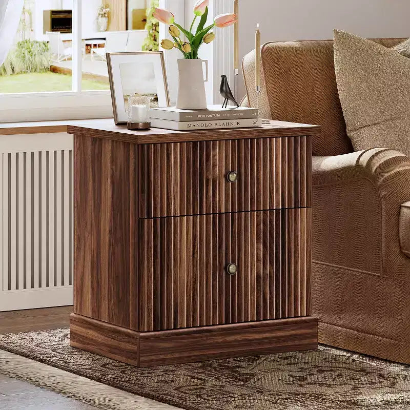 Fluted Drawer Nightstand,Mid-Century Modern Bedside Table with Curved Edge Base, Space-Saving Storage for Bedroom & Living Room