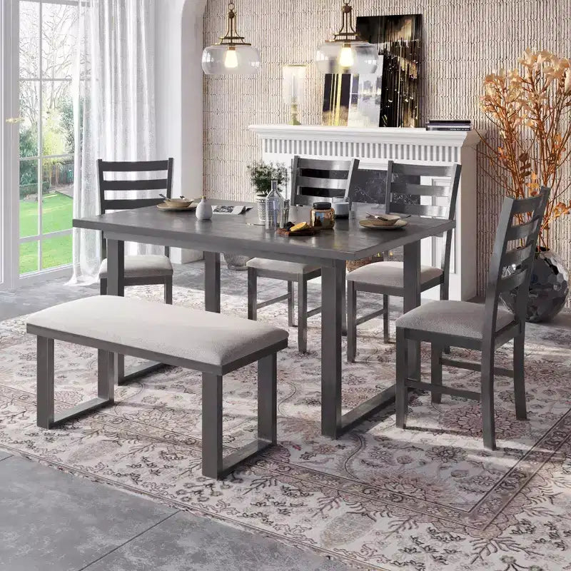 Farmhouse 6 Pieces Dining Table Set with Bench, Wood Rectangle Table and 4 Upholstered Chairs for Kitchen, Gray