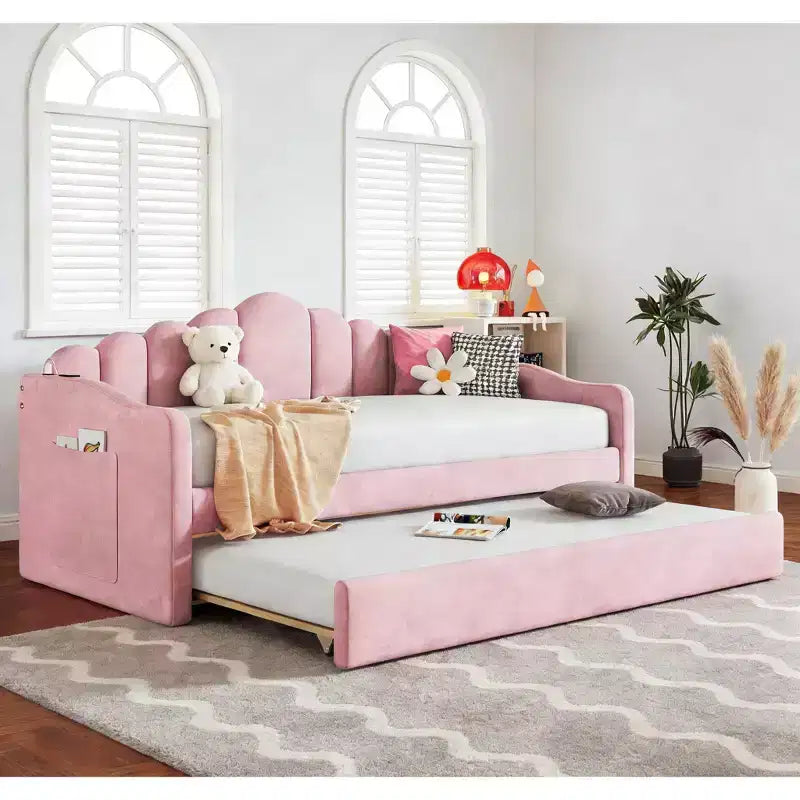 Twin Size Upholstered Sofa Bed with Trundle & USB Charging Station, Velvet Daybed for Bedroom, Pink