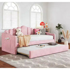 Twin Size Upholstered Sofa Bed with Trundle & USB Charging Station, Velvet Daybed for Bedroom, Pink