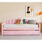 Gepolstertes Einzelbett-Schlafsofa mit Ausziehbett und USB-Ladestation, Samt-Tagesbett für Schlafzimmer, Pink