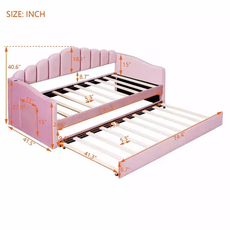 Gepolstertes Einzelbett-Schlafsofa mit Ausziehbett und USB-Ladestation, Samt-Tagesbett für Schlafzimmer, Pink
