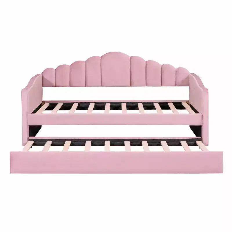 Gepolstertes Einzelbett-Schlafsofa mit Ausziehbett und USB-Ladestation, Samt-Tagesbett für Schlafzimmer, Pink