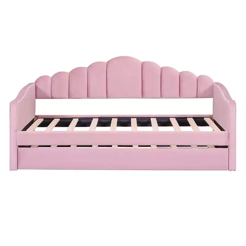 Gepolstertes Einzelbett-Schlafsofa mit Ausziehbett und USB-Ladestation, Samt-Tagesbett für Schlafzimmer, Pink