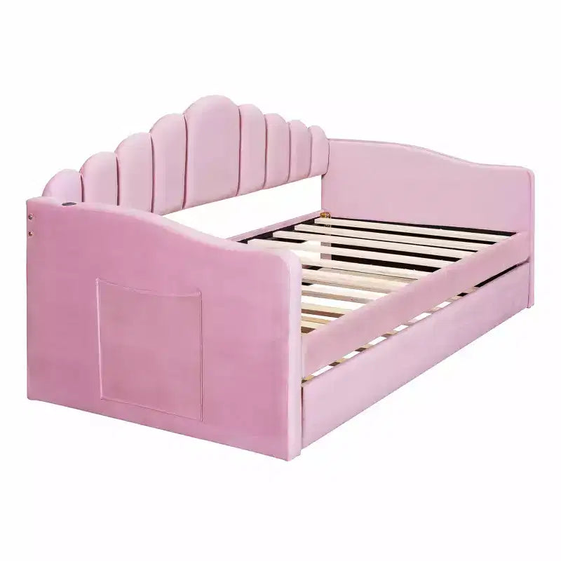 Gepolstertes Einzelbett-Schlafsofa mit Ausziehbett und USB-Ladestation, Samt-Tagesbett für Schlafzimmer, Pink