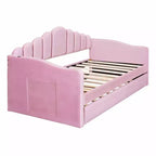 Gepolstertes Einzelbett-Schlafsofa mit Ausziehbett und USB-Ladestation, Samt-Tagesbett für Schlafzimmer, Pink