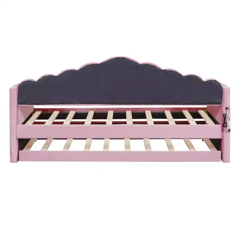 Gepolstertes Einzelbett-Schlafsofa mit Ausziehbett und USB-Ladestation, Samt-Tagesbett für Schlafzimmer, Pink
