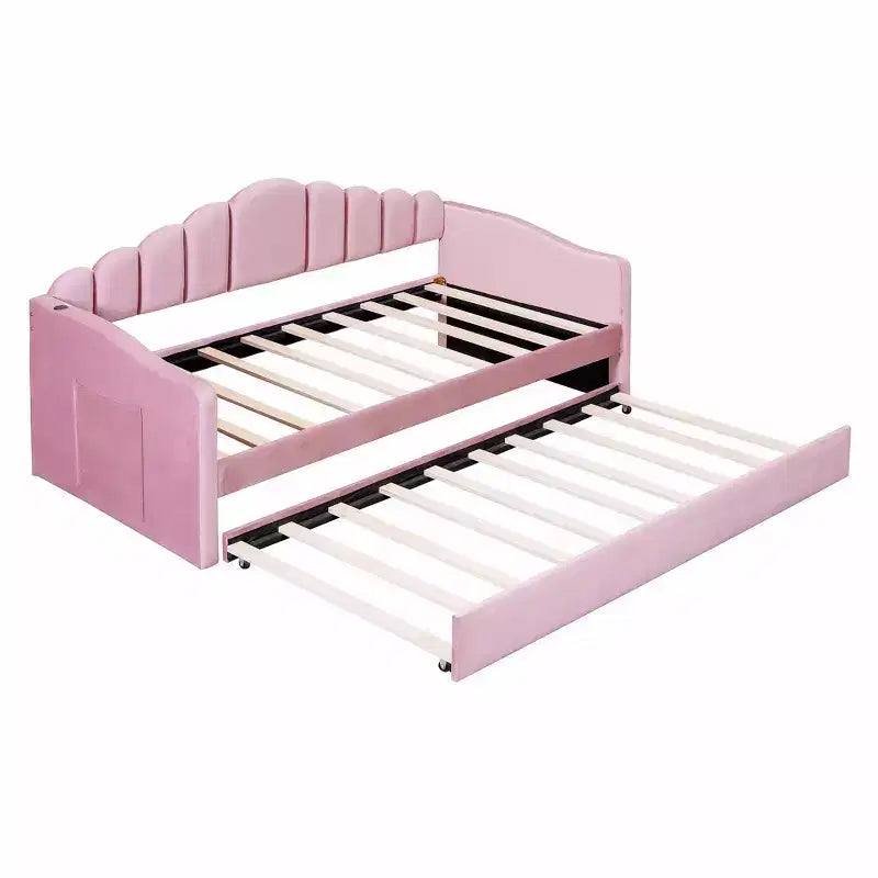 Gepolstertes Einzelbett-Schlafsofa mit Ausziehbett und USB-Ladestation, Samt-Tagesbett für Schlafzimmer, Pink