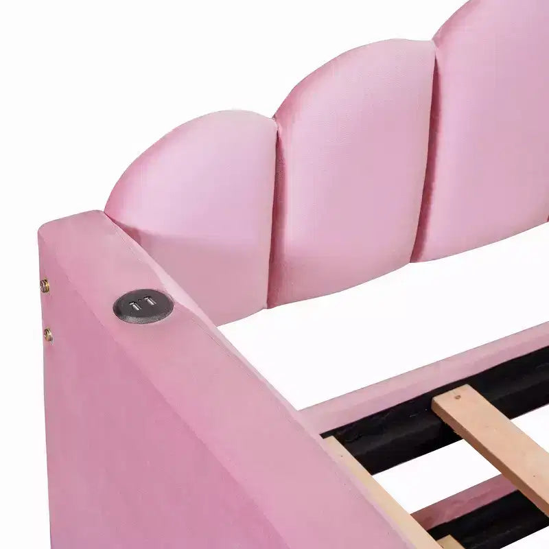 Gepolstertes Einzelbett-Schlafsofa mit Ausziehbett und USB-Ladestation, Samt-Tagesbett für Schlafzimmer, Pink