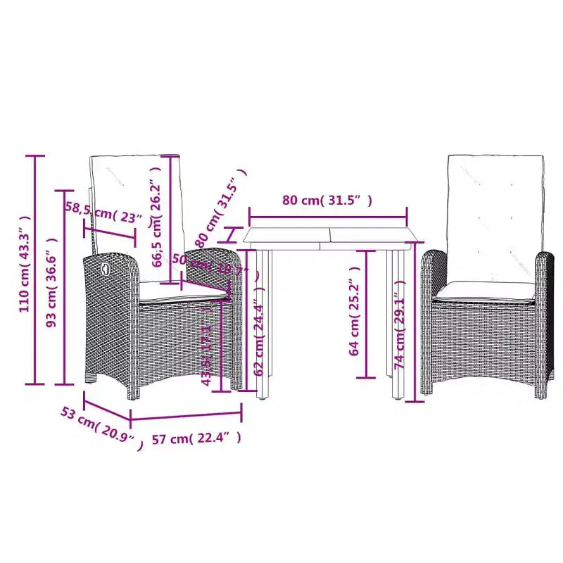 vidaXL Verstellbares Garten-Ess-Set - Polyrattan mit Kissen
