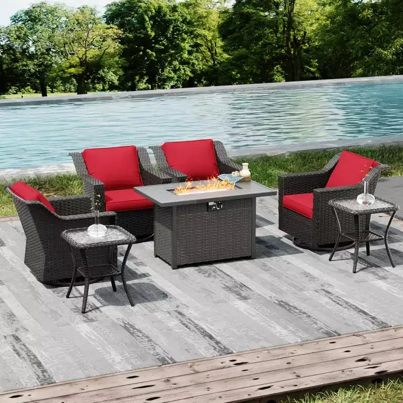 UPTIOT Outdoor-Rückzugsort-Set: 4 Schaukelstühle, zwei Couchtische und multifunktionale Feuerstelle