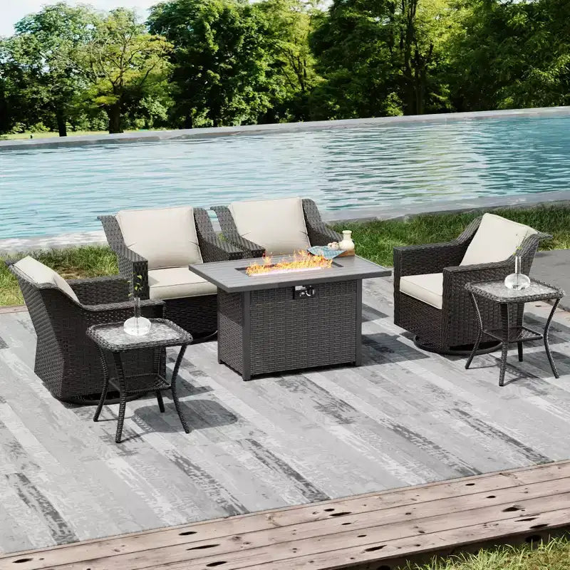 UPTIOT Outdoor-Rückzugsort-Set: 4 Schaukelstühle, zwei Couchtische und multifunktionale Feuerstelle
