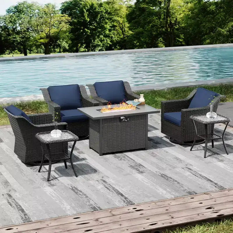 UPTIOT Outdoor-Rückzugsort-Set: 4 Schaukelstühle, zwei Couchtische und multifunktionale Feuerstelle