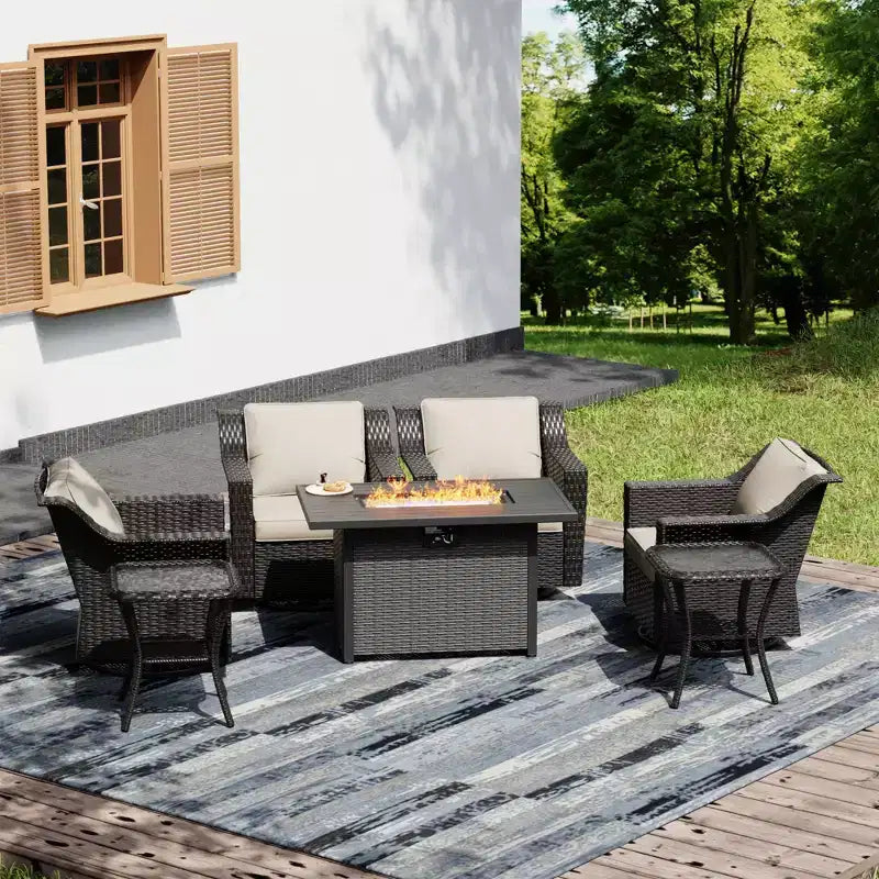 UPTIOT Outdoor Retreat Set: 4 Rocking Chairs, Two Coffee Tables & Multi-Function Fire Pit