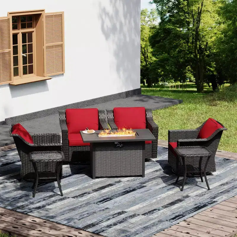 UPTIOT Outdoor-Rückzugsort-Set: 4 Schaukelstühle, zwei Couchtische und multifunktionale Feuerstelle