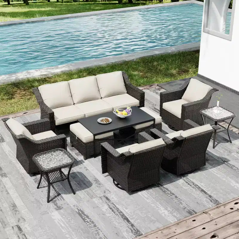 UPTIOT Premium Outdoor Collection: 3er-Sofa, 4 Schaukelstühle, 2 Tische, 2 Ottomanen & Esstisch