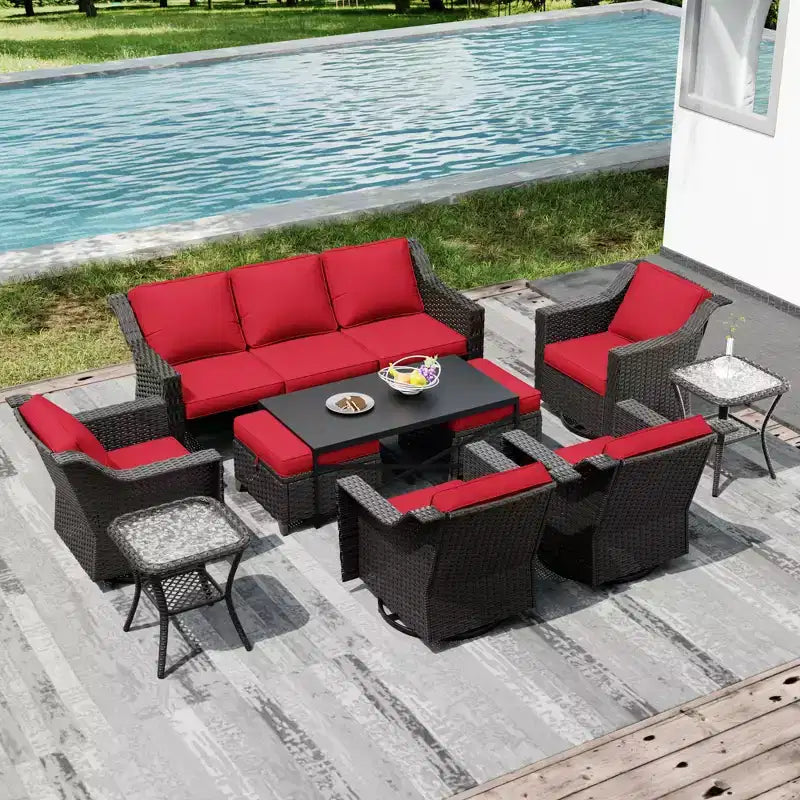 UPTIOT Premium Outdoor Collection: 3er-Sofa, 4 Schaukelstühle, 2 Tische, 2 Ottomanen & Esstisch