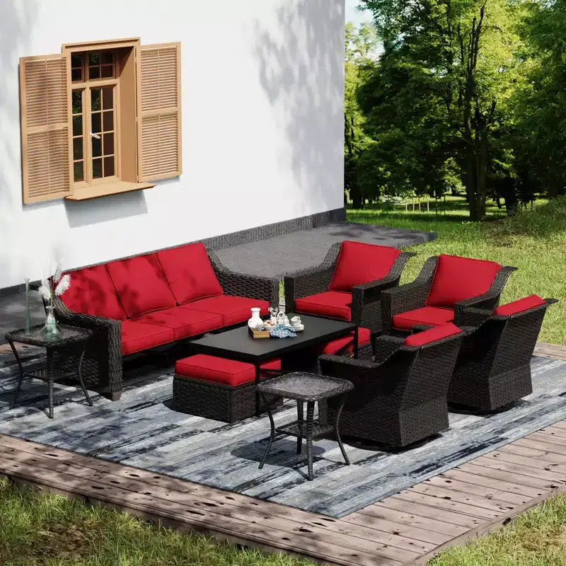 UPTIOT Premium Outdoor Collection: 3er-Sofa, 4 Schaukelstühle, 2 Tische, 2 Ottomanen & Esstisch