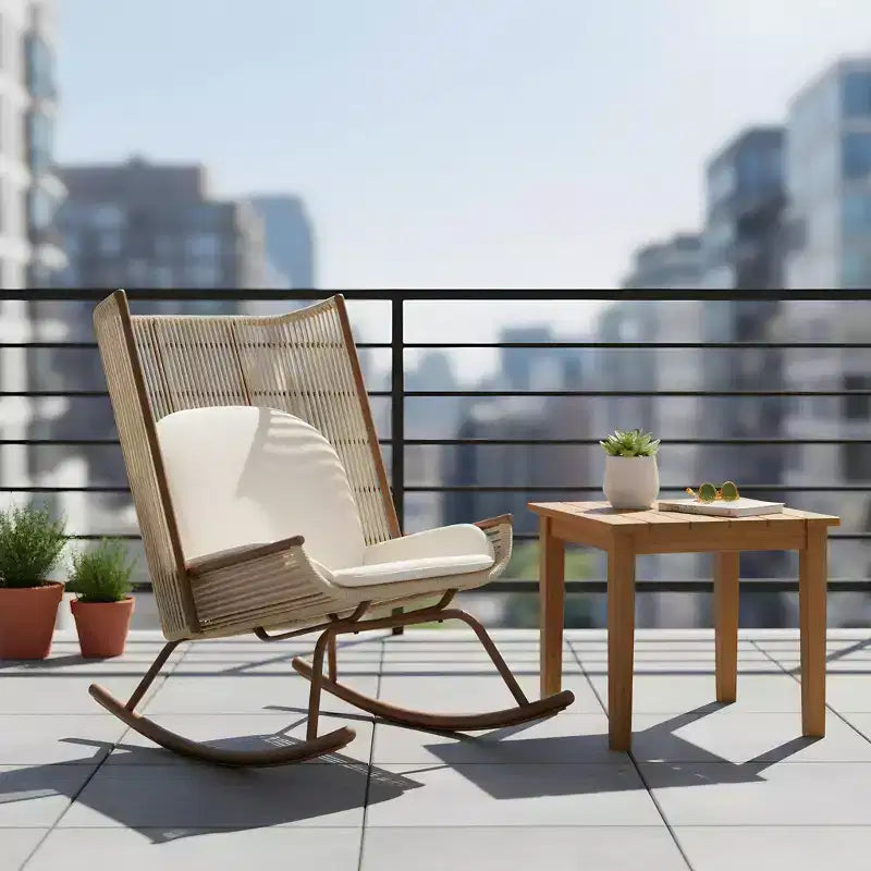 Christopher Knight Home Varun Farmhouse 2 Piece Patio Dining Set with Acacia Wood Table and Iron Rocking Chair