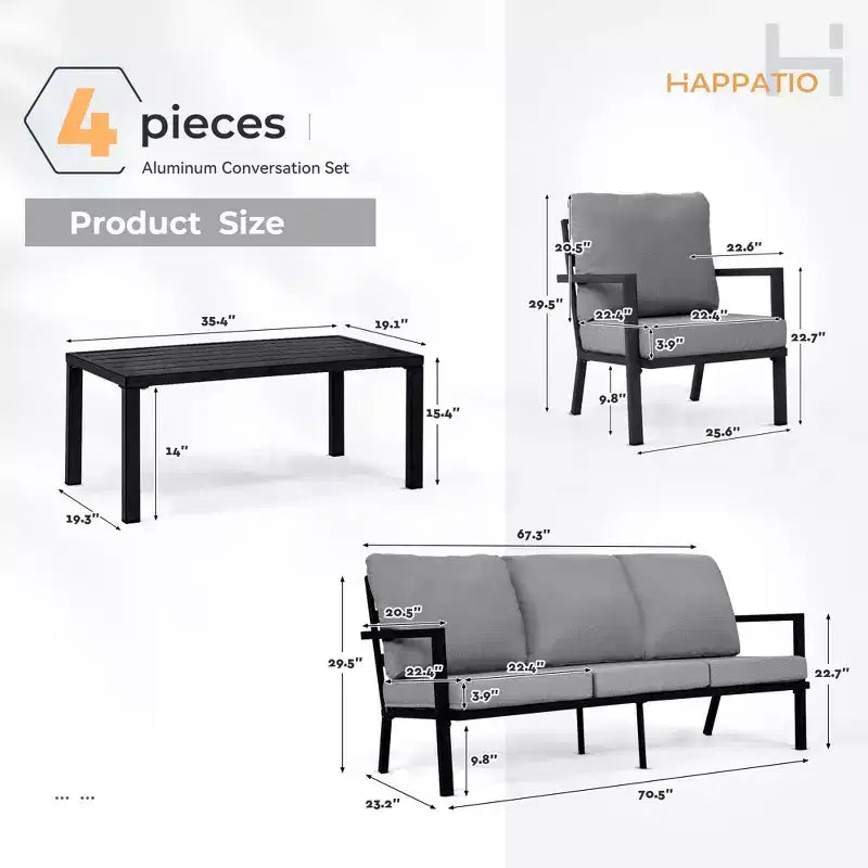 HAPPATIO Aluminium-Terrassenmöbel-Set, 4-teiliges Gesprächs-Set mit dicken Kissen für Garten, Hinterhof, Veranda, Beige