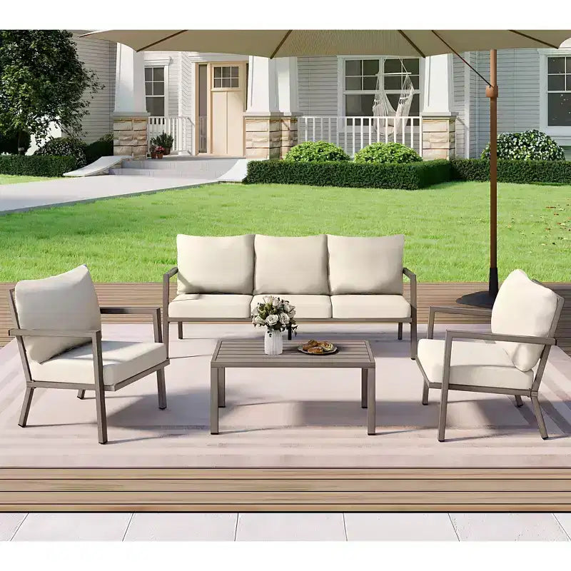 HAPPATIO Aluminium-Terrassenmöbel-Set, 4-teiliges Gesprächs-Set mit dicken Kissen für Garten, Hinterhof, Veranda, Beige