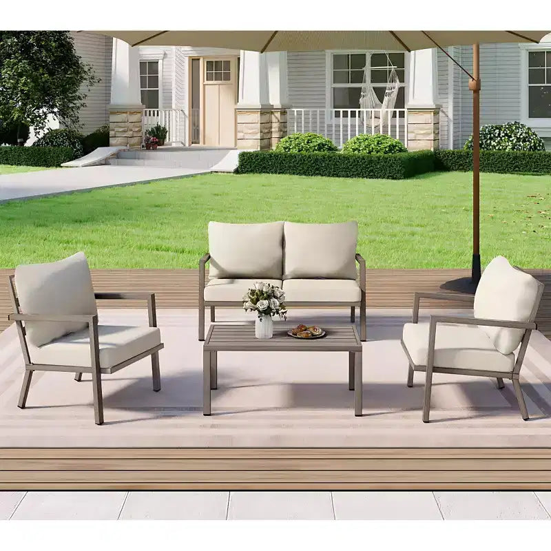HAPPATIO Aluminium-Terrassenmöbel-Set, 4-teiliges Gesprächs-Set mit dicken Kissen für Garten, Hinterhof, Veranda, Beige