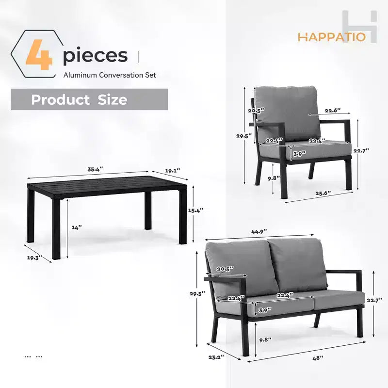 HAPPATIO Aluminium-Terrassenmöbel-Set, 4-teiliges Gesprächs-Set mit dicken Kissen für Garten, Hinterhof, Veranda, Beige