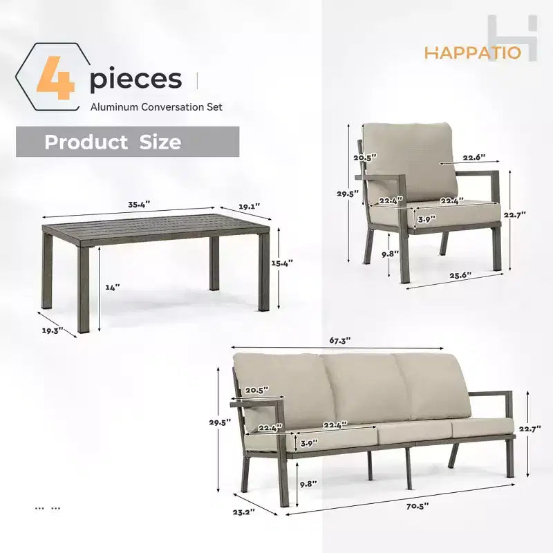 HAPPATIO Aluminium-Terrassenmöbel-Set, 4-teiliges Gesprächs-Set mit dicken Kissen für Garten, Hinterhof, Veranda, Beige