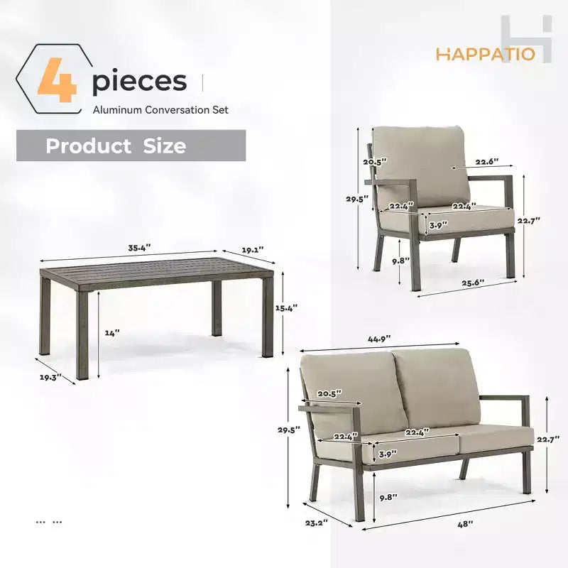 HAPPATIO Aluminium-Terrassenmöbel-Set, 4-teiliges Gesprächs-Set mit dicken Kissen für Garten, Hinterhof, Veranda, Beige