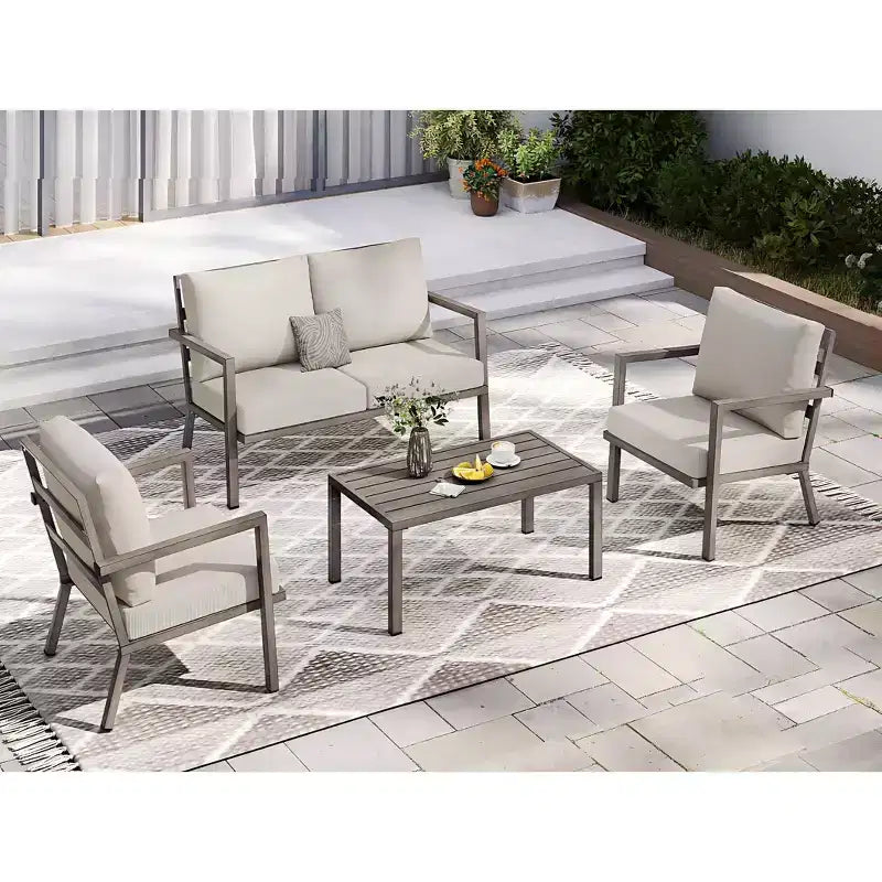 HAPPATIO Aluminium-Terrassenmöbel-Set, 4-teiliges Gesprächs-Set mit dicken Kissen für Garten, Hinterhof, Veranda, Beige
