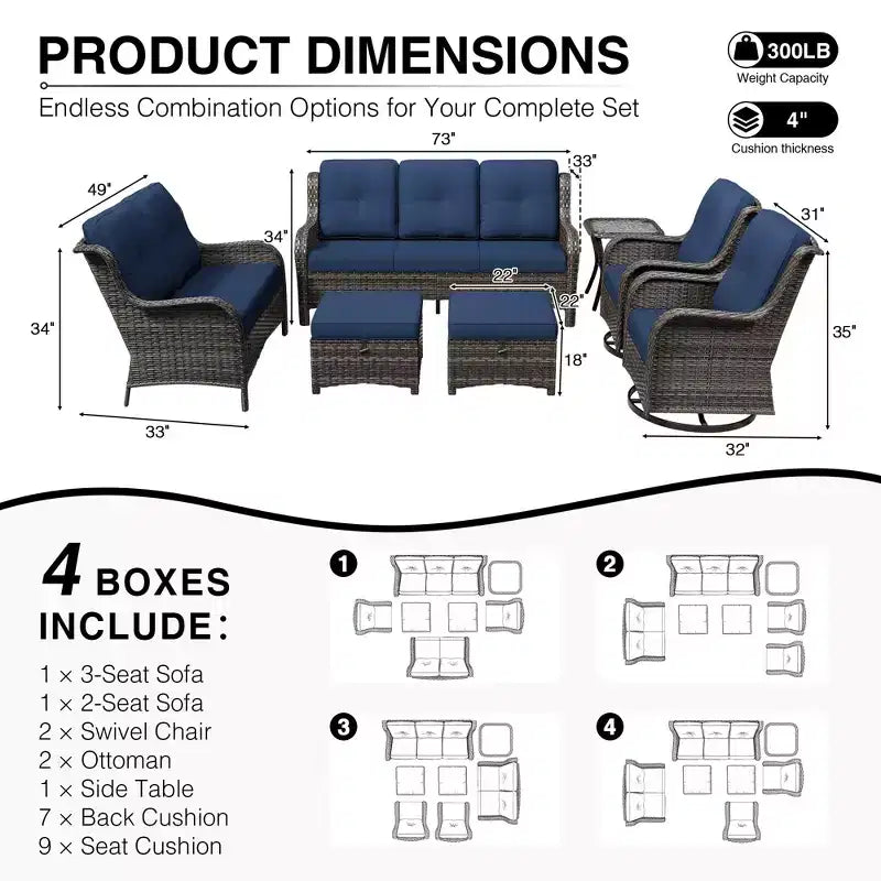 UPTIOT Premium Outdoor-Sofa-Set mit drehbaren Stühlen und multifunktionalen Hockern