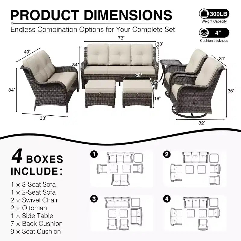 UPTIOT Premium Outdoor-Sofa-Set mit drehbaren Stühlen und multifunktionalen Hockern