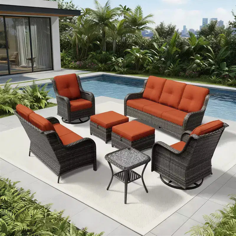 UPTIOT Premium Outdoor-Sofa-Set mit drehbaren Stühlen und multifunktionalen Hockern