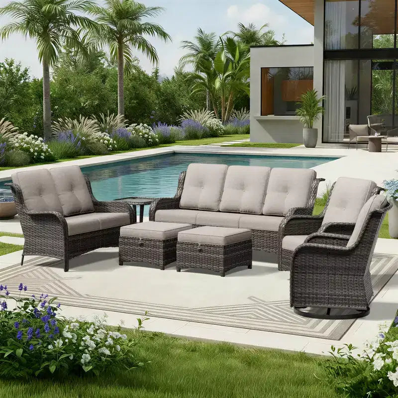 UPTIOT Premium Outdoor Sofa Set with Swivel Chairs and Multi-Functional Ottomans