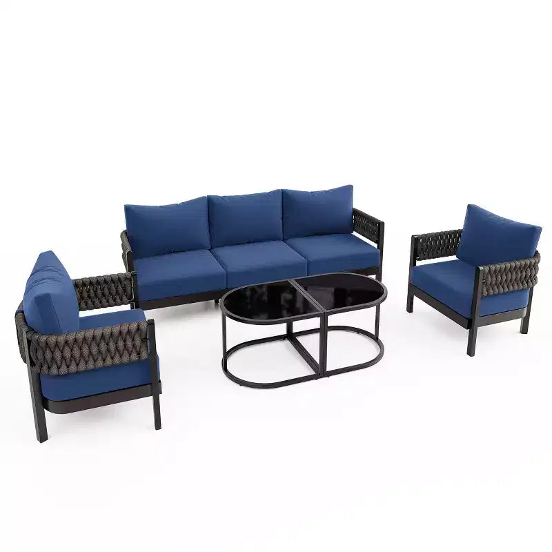 ALAULM 5PCS Outdoor Patio Sofa Set w/Modular Coffee Table, Waterproof Removable 6 Cushions, All-Weather Use, for Lawn, Garden, backyard, Navy Blue